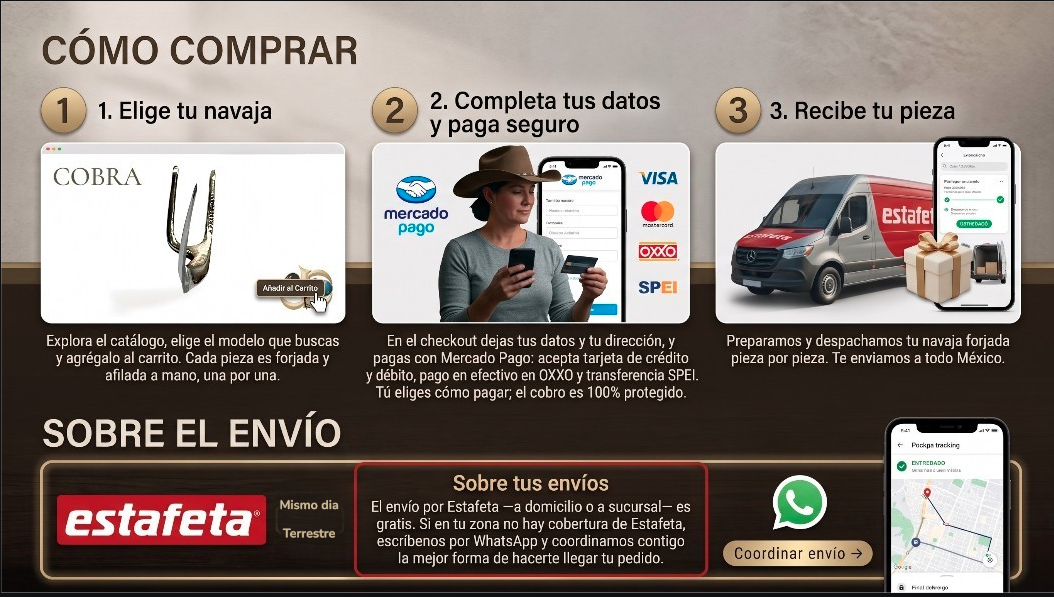 Cómo comprar: 1) Elige tu navaja, 2) Completa tus datos y paga seguro con Mercado Pago, 3) Recibe tu pieza. Envío gratis por Estafeta; si no hay cobertura en tu zona, coordinamos por WhatsApp.